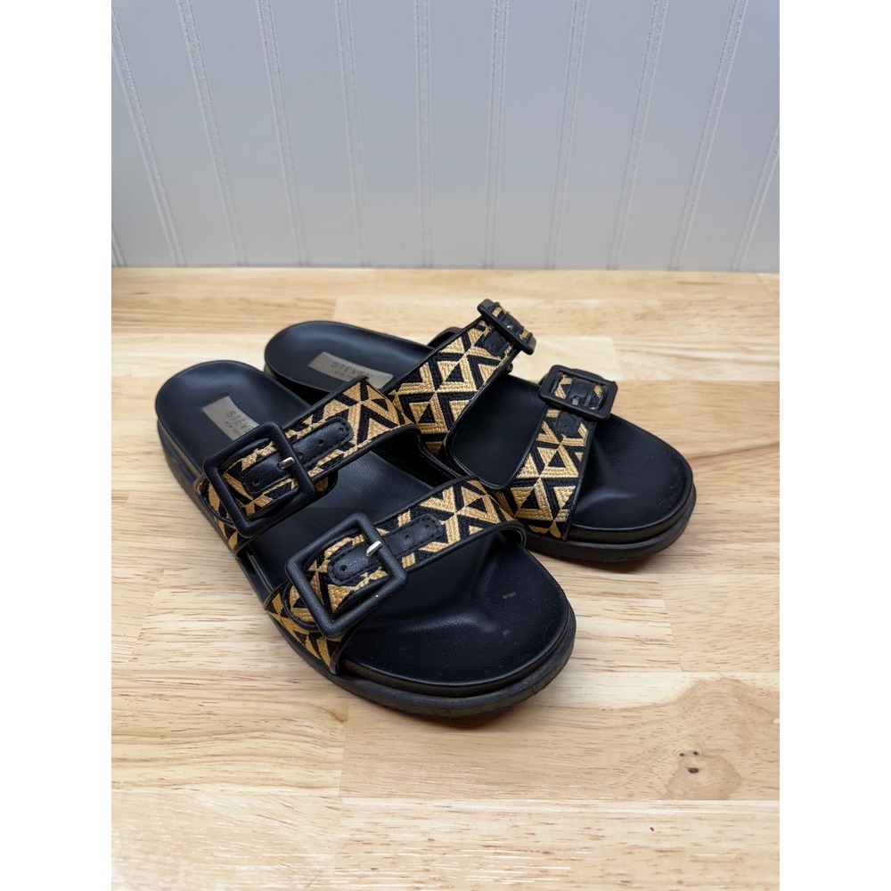 Steven New York Gold Black Geometric Embroidered Buckle Platform Slides Size 8